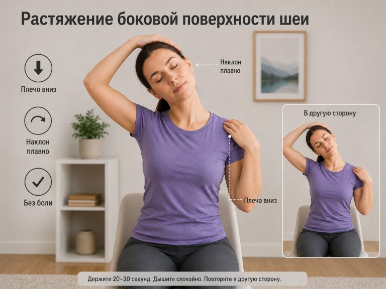 растяжение боковой поверхности шеи, одна рука фиксирует плечо, вторая мягко наклоняет голову