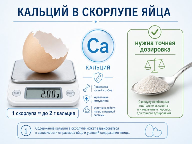 медицинская инфографика, яичная скорлупа на весах, рядом значок Ca, подписи: «1 скорлупа ≈ до 2 г кальция», «нужна точная дозировка», рядом маленькая ложка порошка
