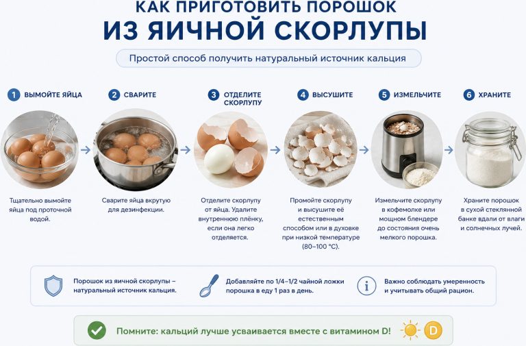 как приготовить яичную скорлупу: вымыть яйца, сварить, отделить скорлупу, высушить, измельчить в кофемолке, хранить в стеклянной банке