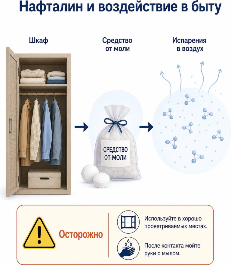 инфографика: шкаф → средство от моли → молекулы в воздухе, предупреждающий знак, стиль EPA, русский язык