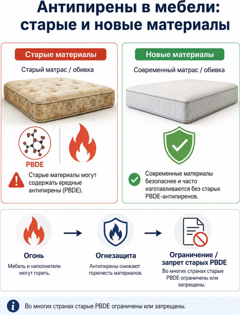 сравнение старого матраса с химией и нового безопасного, огонь → защита → запрет