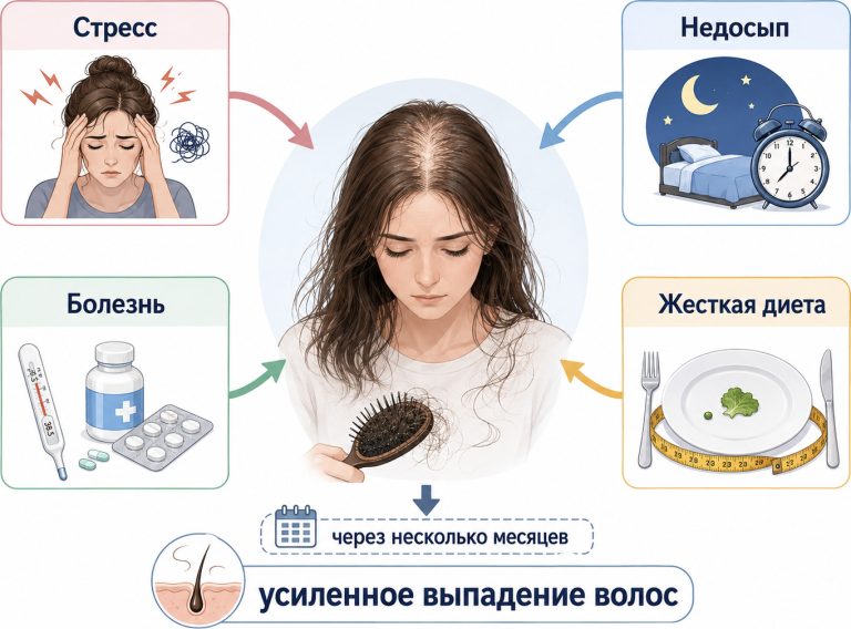 схема “стресс, недосып, болезнь, жесткая диета” ведут к усиленному выпадению волос через несколько месяцев