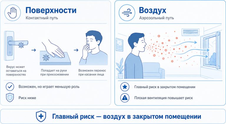 инфографика сравнения, слева контактный путь через поверхность с низким вкладом, справа воздушный путь через аэрозоли с высоким риском в помещении, иконки: дверная ручка, рука, воздух, человек в комнате, открытое окно, подпись: «Главный риск — воздух в закрытом помещении»,