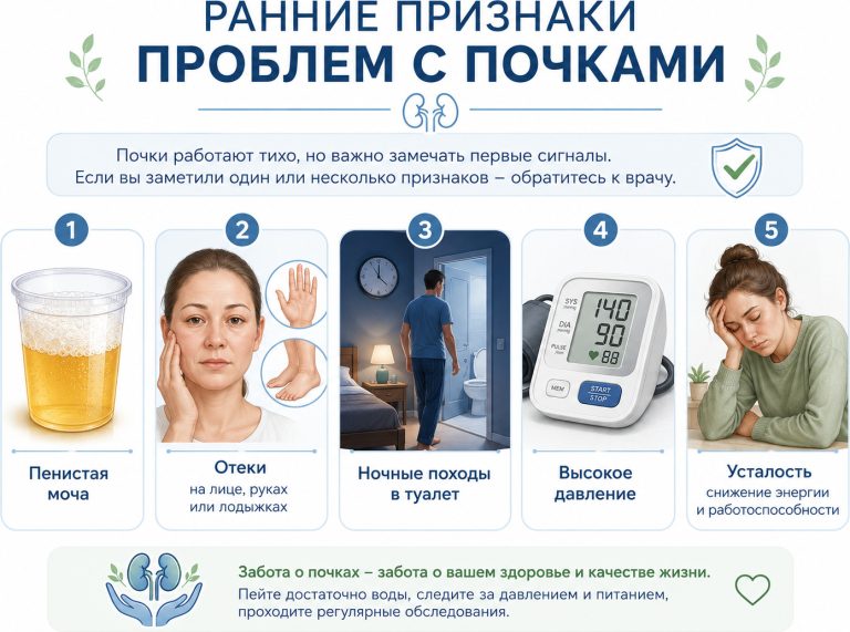 визуальный список ранних сигналов: пенистая моча, отеки, ночные походы в туалет, давление, усталость