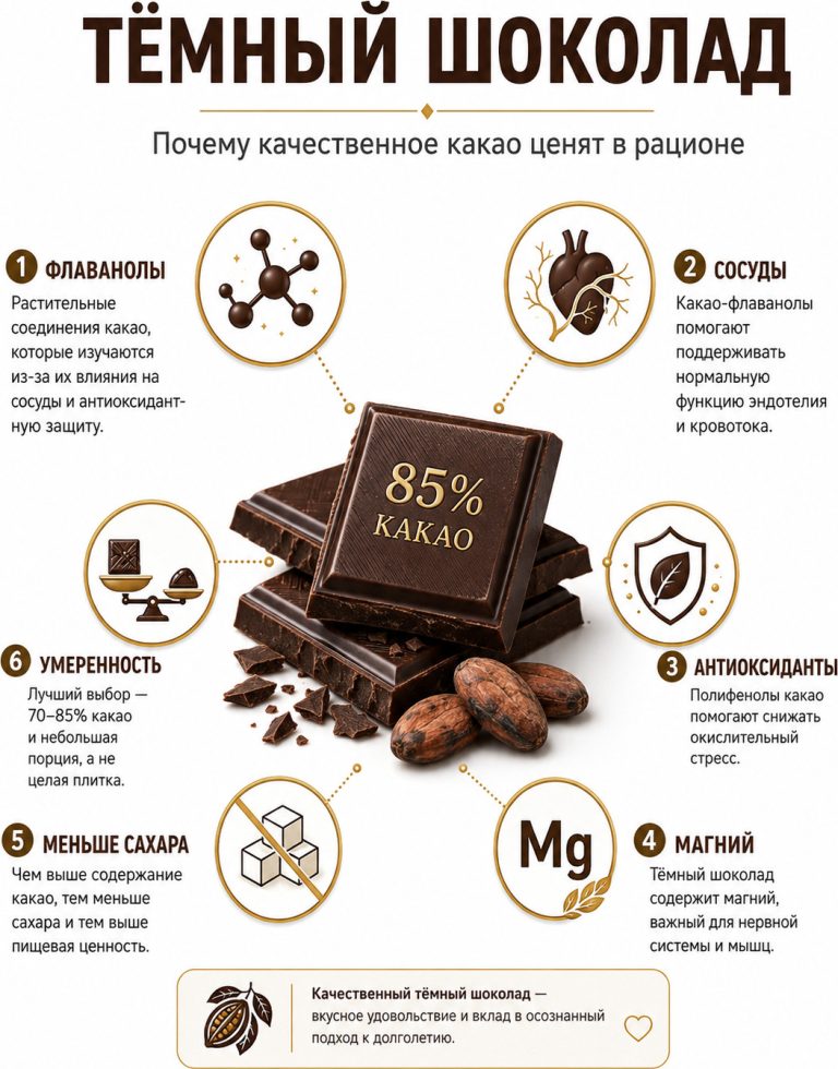 плитка тёмного шоколада 85%, какао-бобы, иконки флавоноидов, сосудов, магния и антиоксидантов