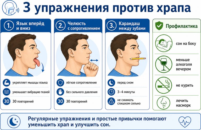 «3 упражнения против храпа», три карточки: язык вперёд и вниз, челюсть с сопротивлением, карандаш между зубами; рядом блок профилактики: сон на боку, меньше алкоголя, не курить, лечить насморк