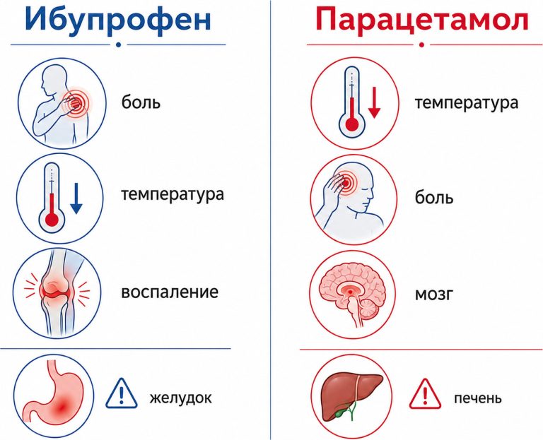 слева ибупрофен (воспаление, суставы, мышцы), справа парацетамол (температура, мозг)