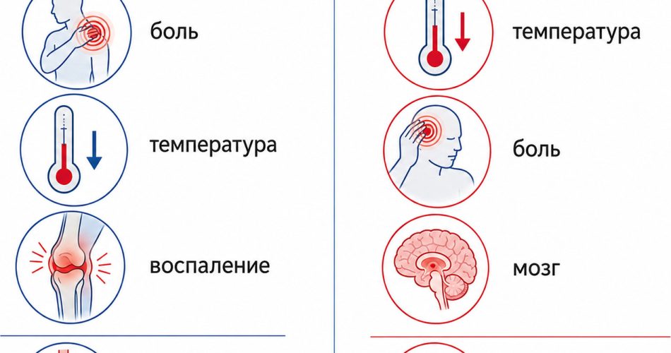 слева ибупрофен (воспаление, суставы, мышцы), справа парацетамол (температура, мозг)
