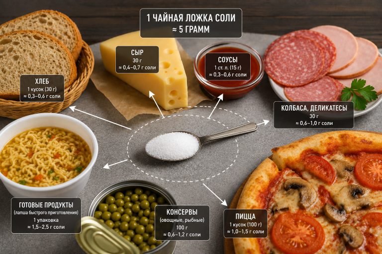 чайная ложка соли рядом с хлебом, сыром, колбасой, соусом и готовыми продуктами, чтобы показать скрытую соль