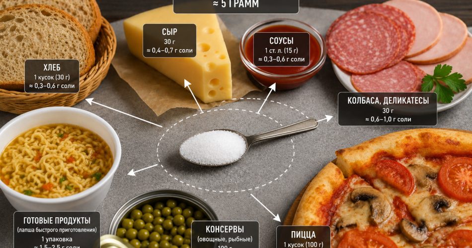 чайная ложка соли рядом с хлебом, сыром, колбасой, соусом и готовыми продуктами, чтобы показать скрытую соль