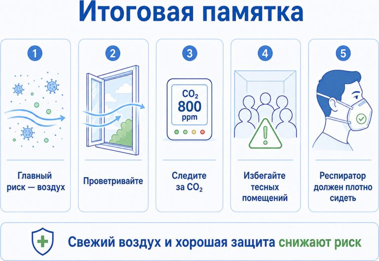итоговая медицинская памятка, 5 карточек: «Главный риск — воздух», «Проветривайте», «Следите за CO₂», «Избегайте тесных помещений», «Респиратор должен плотно сидеть»