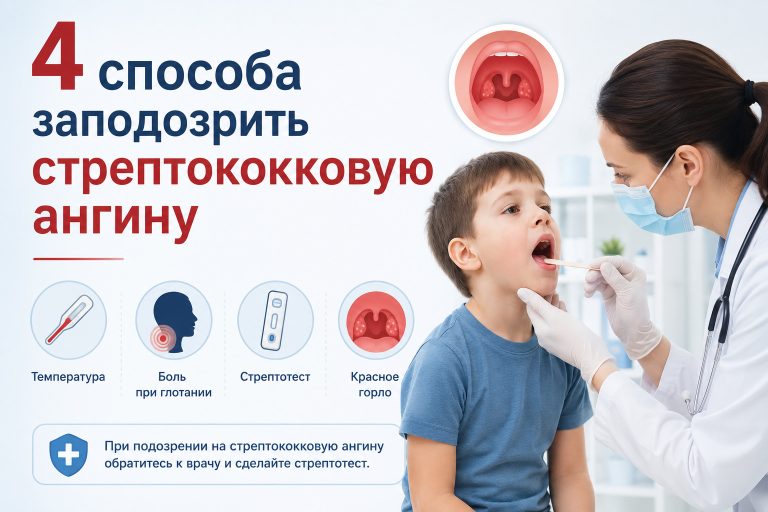 медицинская инфографика, ребёнок с болью в горле, врач осматривает горло, рядом иконки: температура, боль при глотании, стрептотест, красное горло, чистый минимализм, светлый фон, русский язык, заголовок: «4 способа заподозрить стрептококковую ангину»