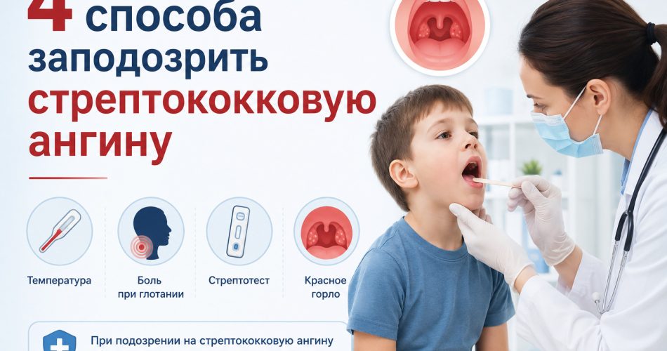 медицинская инфографика, ребёнок с болью в горле, врач осматривает горло, рядом иконки: температура, боль при глотании, стрептотест, красное горло, чистый минимализм, светлый фон, русский язык, заголовок: «4 способа заподозрить стрептококковую ангину»