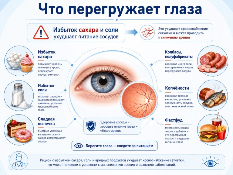 медицинская инфографика, вредные пищевые привычки для зрения: избыток сахара, соли, колбас, копчёностей, сладкой выпечки, фастфуда, рядом глаз и сосуды сетчатки, подпись: «Избыток сахара и соли ухудшает питание сосудов