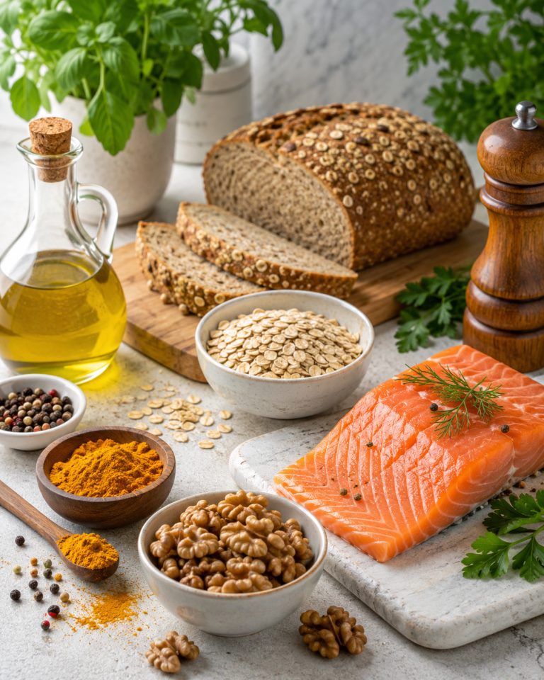 лосось, грецкие орехи, куркума, черный перец, овсяные хлопья грубого помола, цельнозерновой хлеб, оливковое масло и зелень