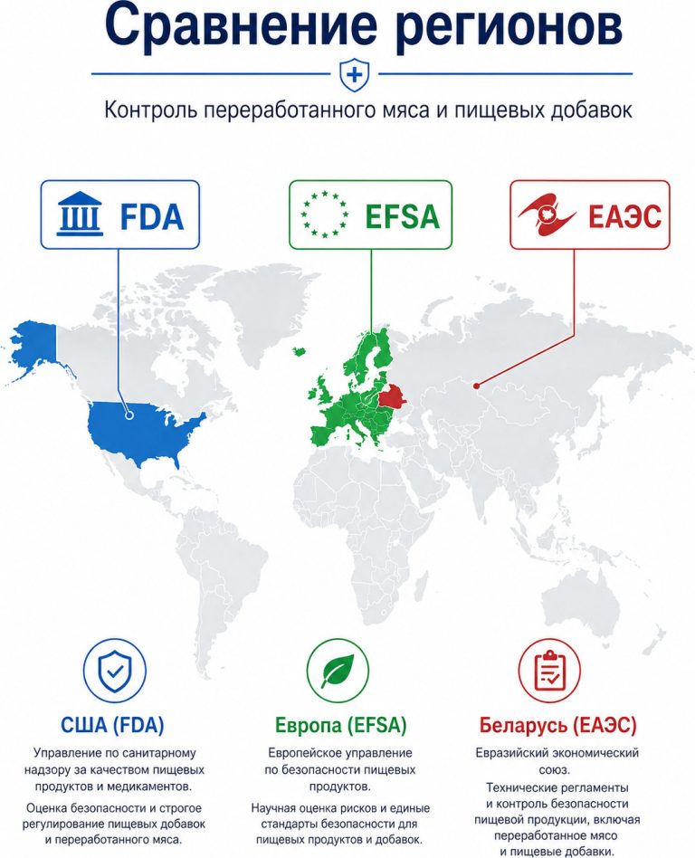 карта мира, США, Европа, Беларусь выделены, подписи: FDA, EFSA, ЕАЭС