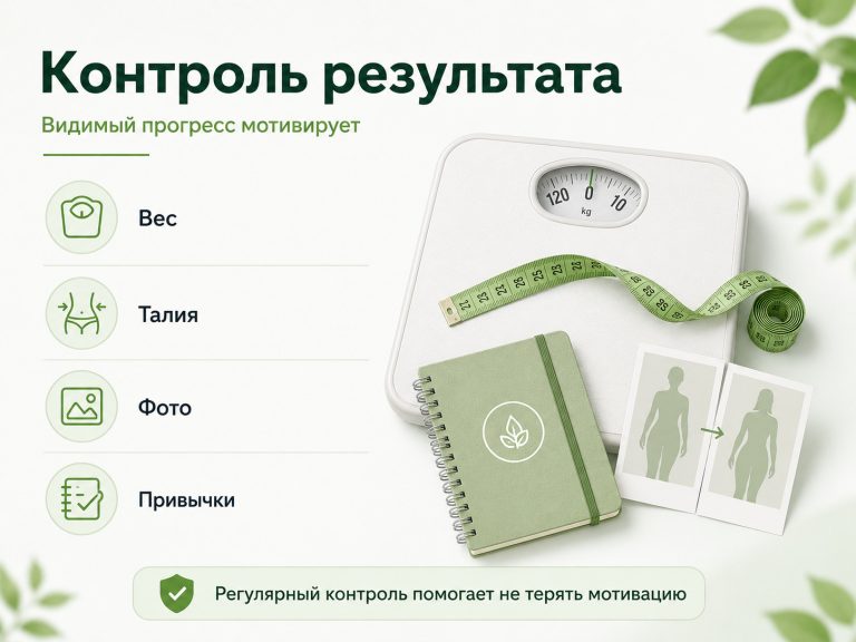 Медицинская инфографика о контроле прогресса, весы, сантиметровая лента, дневник привычек, фотографии динамики, силуэт спортсмена в шортах как символ работы над слабым местом, без копирования внешности реального человека, подписи: «Вес», «Талия», «Фото», «Видимый прогресс мотивирует