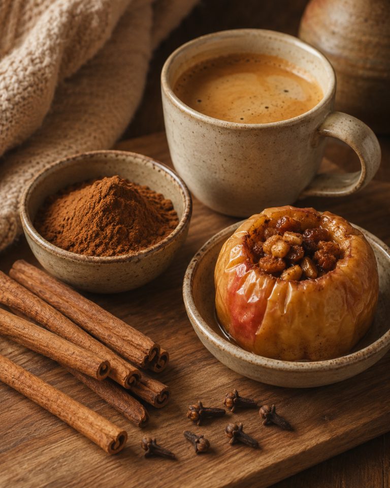 палочки цейлонской корицы, молотая корица в маленькой керамической миске, чашка кофе, запеченное яблоко, несколько бутонов гвоздики