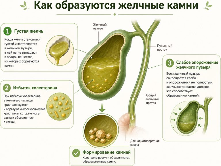 понятная схема образования желчных камней: густая желчь, избыток холестерина, слабое опорожнение желчного пузыря