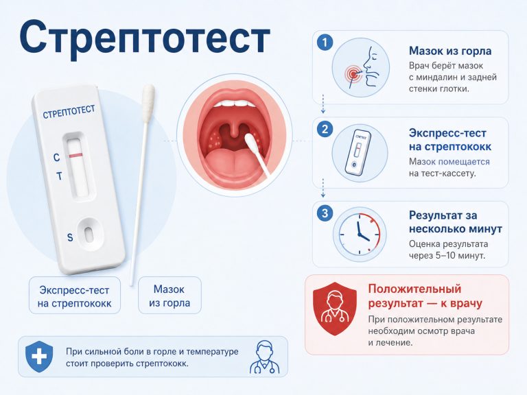 медицинская инфографика, экспресс-тест на стрептококк, ватный тампон, горло схематично, подписи: «Стрептотест», «Мазок из горла», «Положительный результат — к врачу