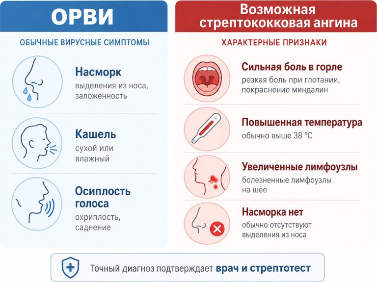 инфографика сравнения, слева ОРВИ: насморк, кашель, осиплость, справа возможная стрептококковая ангина: сильная боль в горле, температура, увеличенные лимфоузлы, нет насморка, чистый медицинский стиль, русский язык, без перегруза.