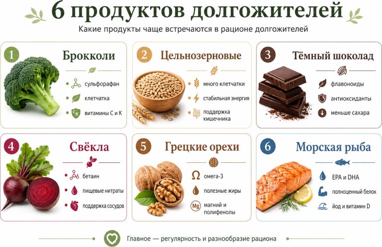 брокколи, цельнозерновые, тёмный шоколад, свёкла, грецкие орехи, морская рыба; под каждой 2–3 ключевые пользы