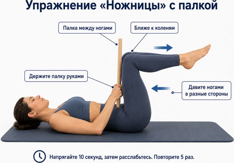 упражнение “ножницы” с палкой, визуальная демонстрация положения ног