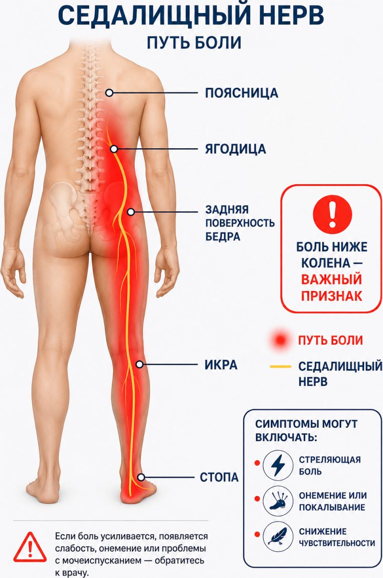 “седалищный нерв”: поясница → ягодица → задняя поверхность бедра → икра → стопа.