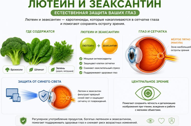 брокколи, шпинат, зелень, глаз и жёлтое пятно сетчатки, подписи: «Лютеин», «Зеаксантин», «Защита от синего света», «Центральное зрение»