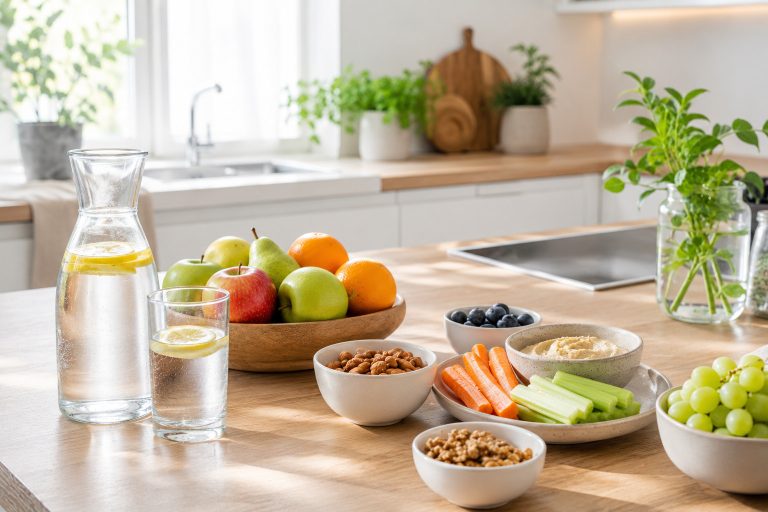 светлая кухня без сладостей на столе, вместо них фрукты, орехи, вода и полезные перекусы