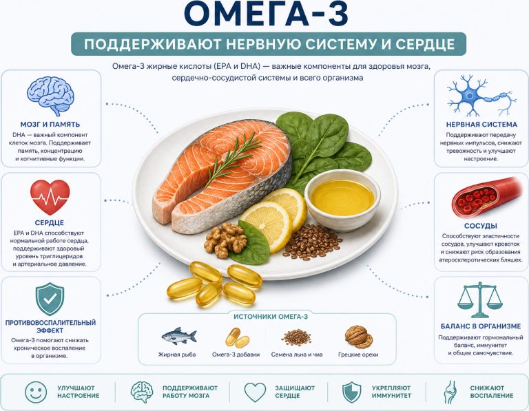 медицинская инфографика, тарелка с жирной рыбой, капсулы омега-3,
иконки: мозг, сердце, сосуды, противовоспалительный баланс,
подпись: «Омега-3 поддерживают нервную систему и сердце»