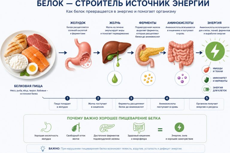 медицинская инфографика, белковая пища на тарелке, желудок, печень,
желчный пузырь, поджелудочная железа, стрелки переваривания белка,
подписи: «Желудок», «Желчь», «Ферменты», «Аминокислоты», «Энергия»