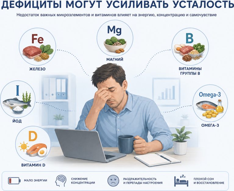 медицинская инфографика, уставший человек за рабочим столом, вокруг иконки: железо, йод, магний, витамин D, витамины B, омега-3