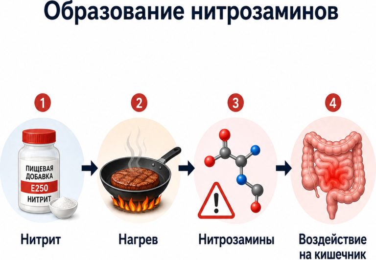 медицинская схема, нитрит → нагрев → нитрозамины → воздействие на кишечник