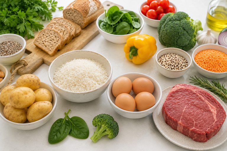 рис, яйца, красное мясо и картофель разложены отдельно на кухонной поверхности, рядом зелень, овощи и цельнозерновые продукты