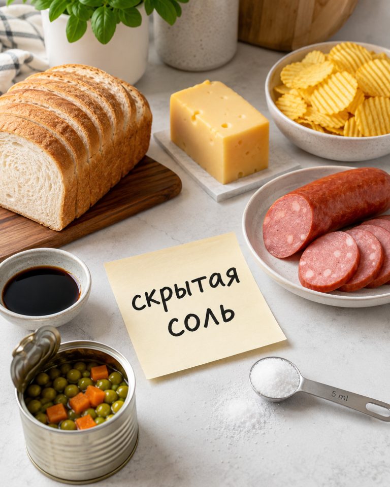 хлеб, сыр, колбаса, соевый соус, консервированные овощи, чипсы, рядом маленькая мерная ложка соли