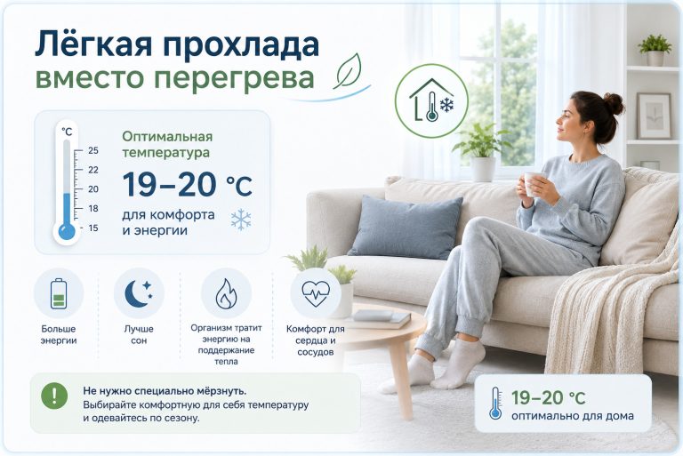 Минималистичная медицинская инфографика, уютная светлая комната, термометр показывает 19–20 °C, человек в комфортной домашней одежде, без ощущения холода, подпись: «Лёгкая прохлада вместо перегрева
