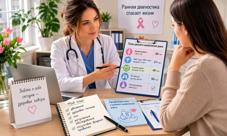 врач спокойно объясняет пациенту план раннего выявления рака, рядом календарь обследований и медицинские документы