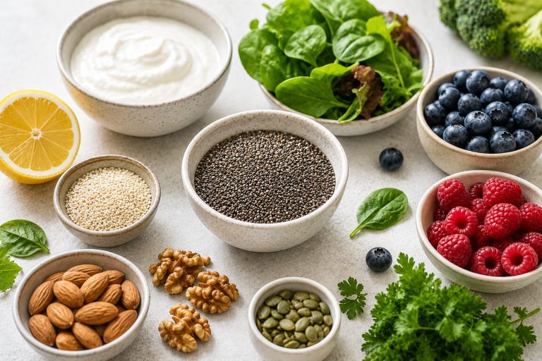 светлая композиция с продуктами-источниками минералов: семена чиа, кунжут, зелень, ягоды, лимон, йогурт, орехи, небольшие керамические миски