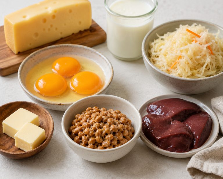 продукты с витамином K2 — натто в маленькой миске, твёрдый сыр, яичные желтки, говяжья печень, кефир, сливочное масло, квашеная капуста