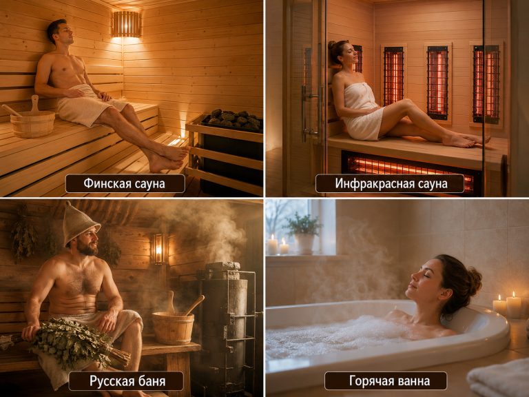 сравнение видов тепловых процедур: финская сауна, инфракрасная сауна, русская баня, горячая ванна