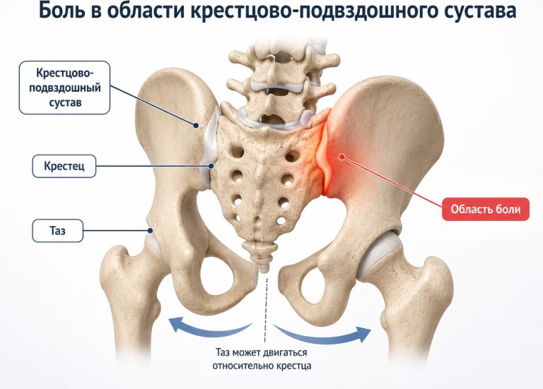 схема крестцово-подвздошного сустава и таза с обозначением боли,