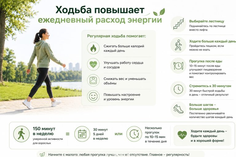 Инфографика в медицинском минималистичном стиле, человек идёт пешком по парку, рядом иконки: лестница, прогулка после еды, 30 минут, шаги, подпись: «Ходьба повышает ежедневный расход энергии