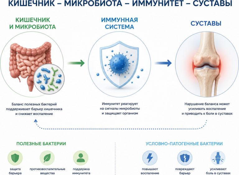 «кишечник — микробиота — иммунитет — суставы», полезные и условно-патогенные бактерии, стрелки связи с воспалением суставов