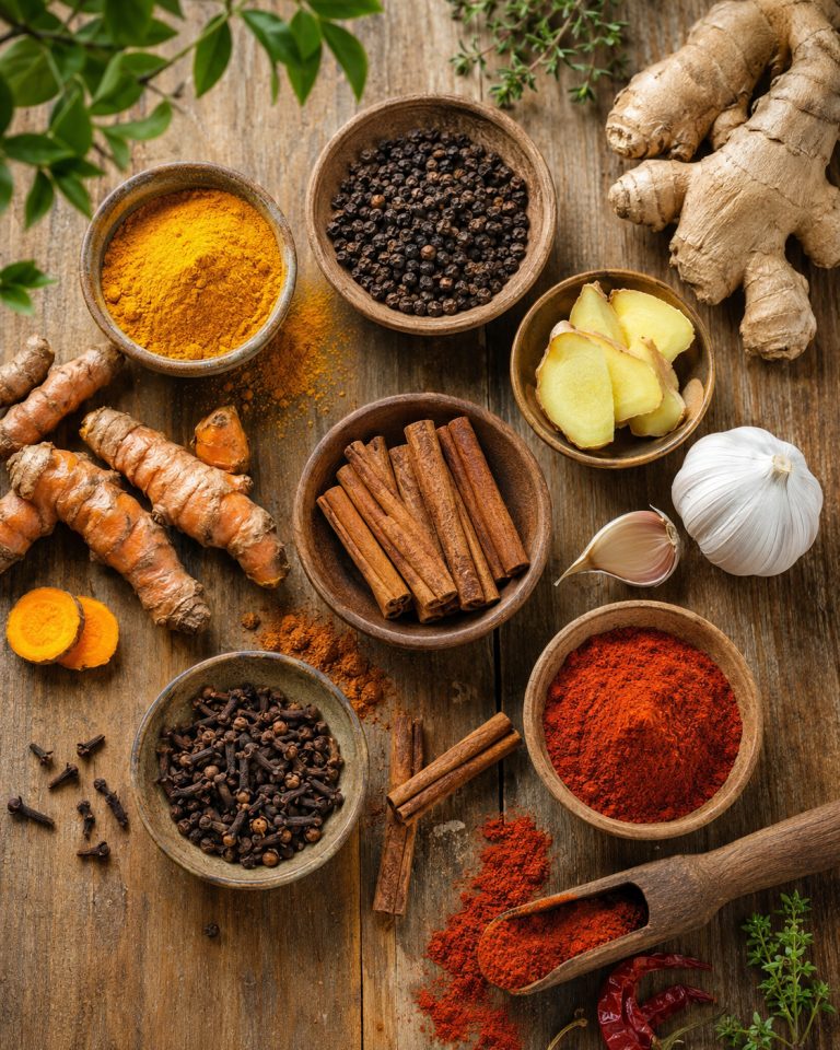 мисочки с черным перцем, куркумой, имбирем, корицей, гвоздикой, паприкой и чесноком