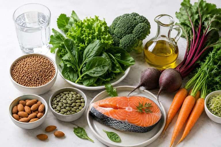 продукты для поддержки лимфотока — вода, листовая зелень, брокколи, свёкла, морковь, гречка, оливковое масло, миндаль, тыквенные семечки и жирная рыба на светлом столе