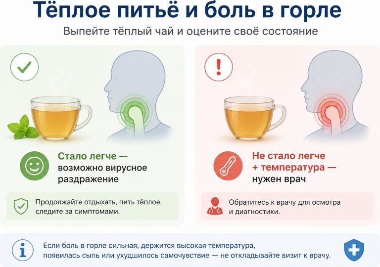 чистая медицинская инфографика, чашка тёплого чая, рядом силуэт человека с болью в горле, две подписи: «Стало легче — возможно вирусное раздражение», «Не стало легче + температура — нужен врач»