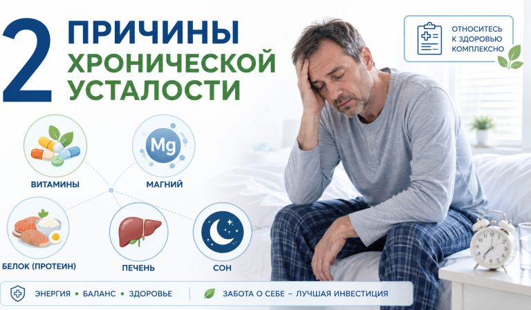 медицинская инфографика, уставший взрослый человек после сна сидит на кровати, рядом часы, иконки: витамины, магний, белок, печень, сон