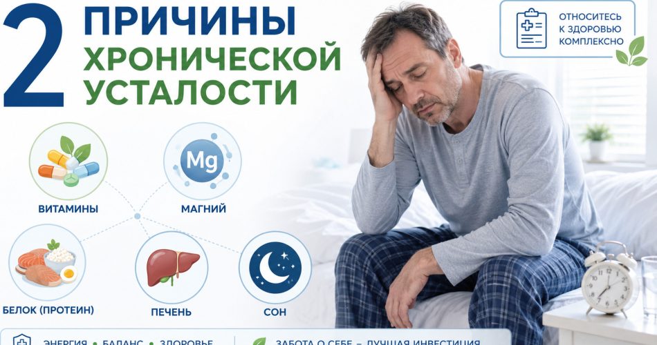 медицинская инфографика, уставший взрослый человек после сна сидит на кровати, рядом часы, иконки: витамины, магний, белок, печень, сон