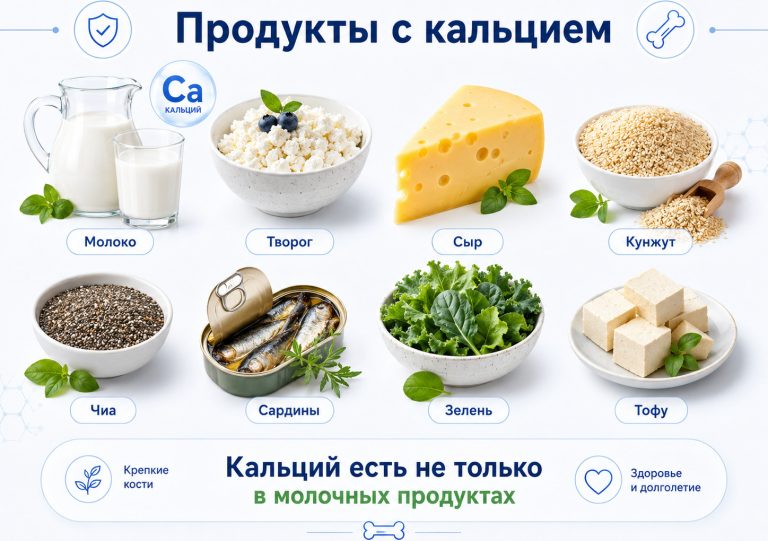 медицинская инфографика, продукты с высоким содержанием кальция: молоко, творог, сыр, кунжут, чиа, сардины, зелень, тофу, подпись: «Кальций есть не только в молочных продуктах»